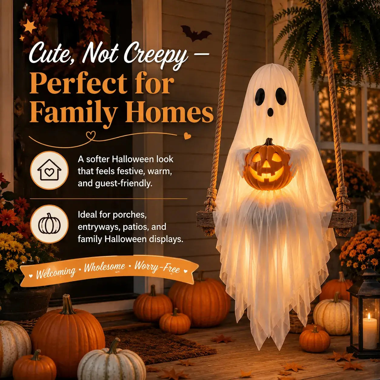 Cute lighted ghost decoration for family-friendly Halloween porch decor