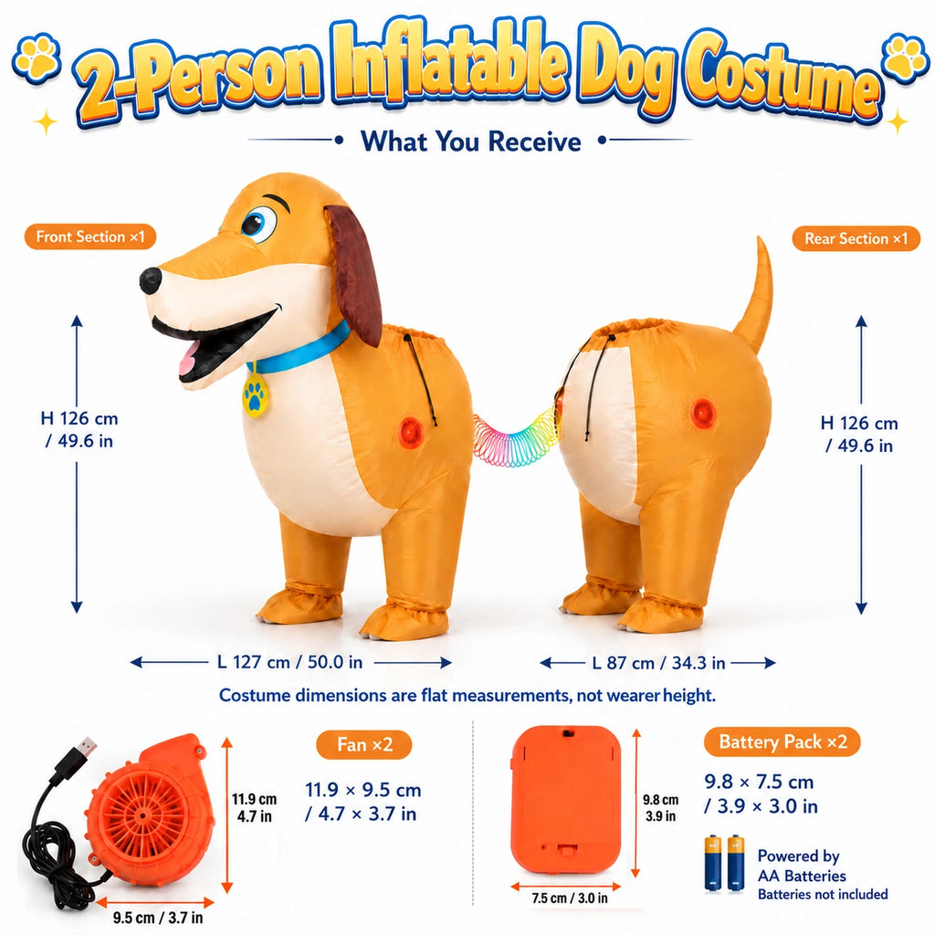 Package diagram shows flat costume measurements, two fans and two battery boxes, with a note that AA batteries are not included.