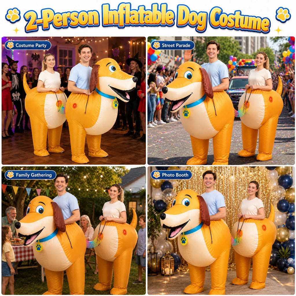 Four scenes show the dachshund pair at a costume party, street parade, family gathering and photo booth.
