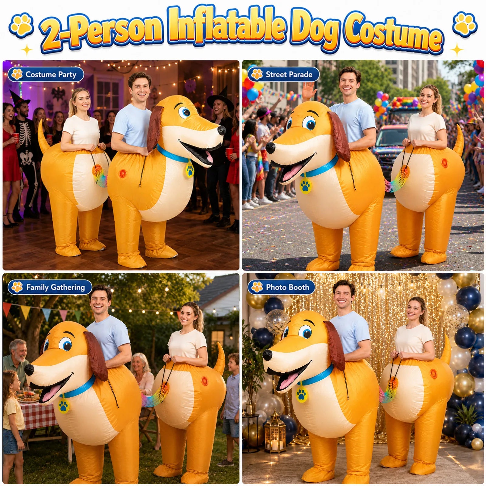 Four scenes show the dachshund pair at a costume party, street parade, family gathering and photo booth.
