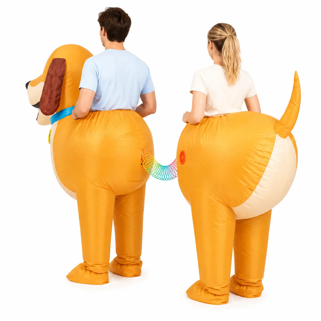Rear view shows the dachshund tail, waist openings and air-fan fitting on the back section.