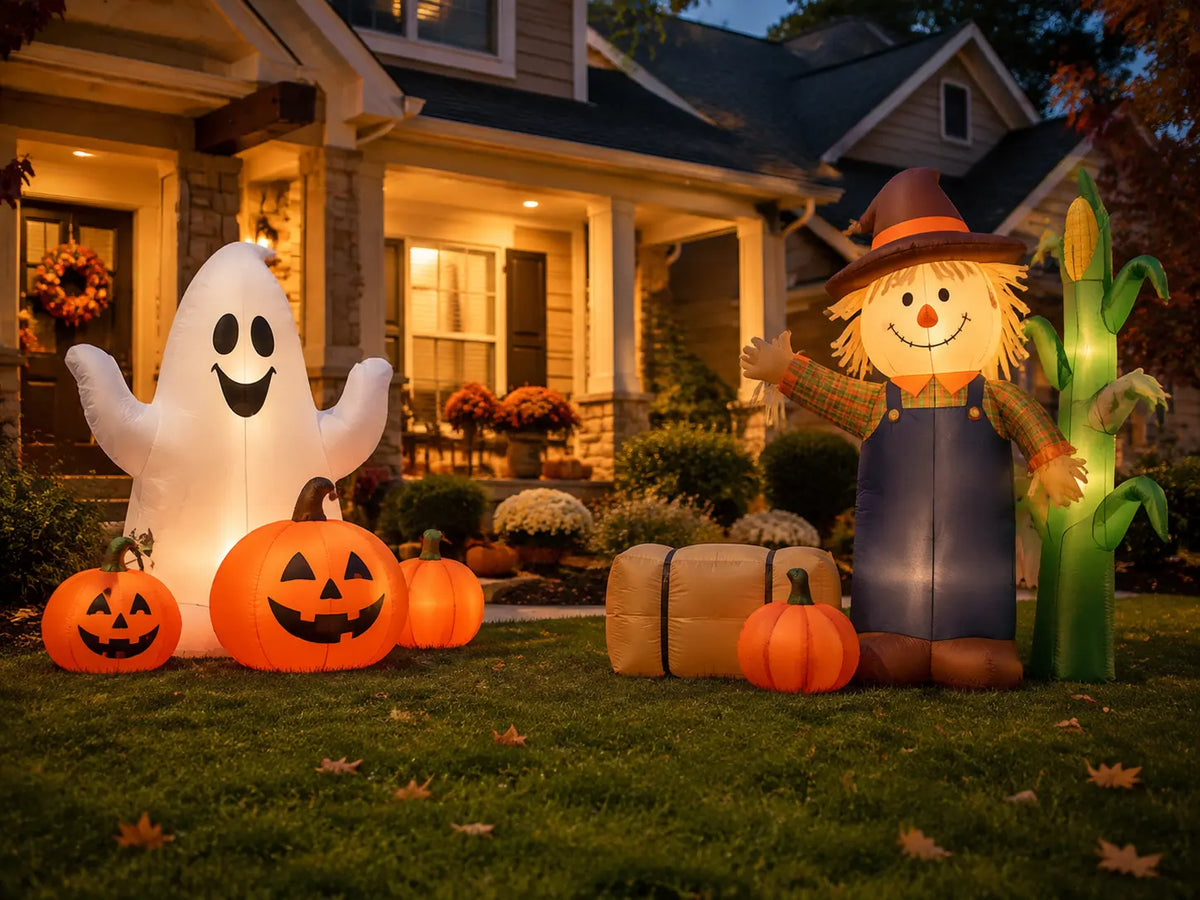 Seasonal inflatable decorations arranged in a landscaped front yard