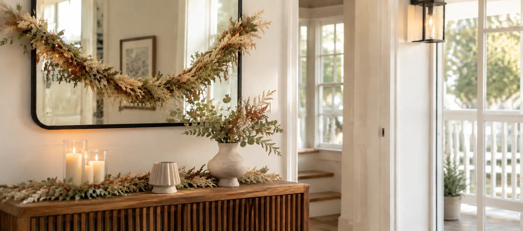 Bright entryway layered with dried botanical garlands, candles and sculptural decor