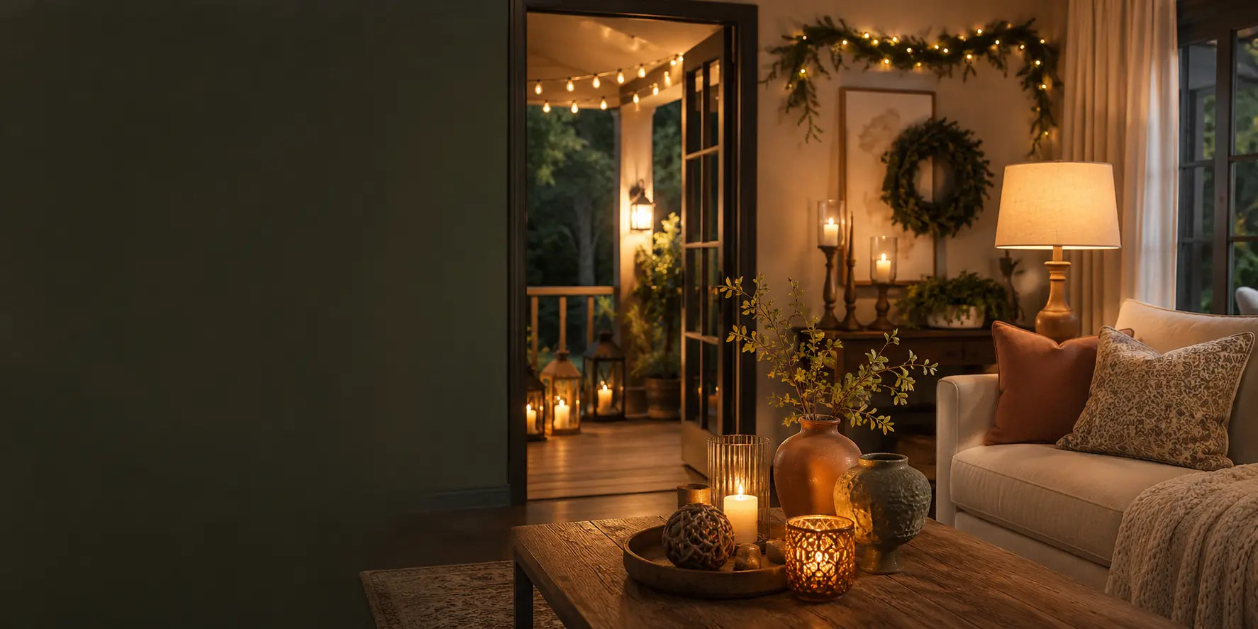 Layered home decor with candles, lighting, garlands, tabletop objects and a decorated porch