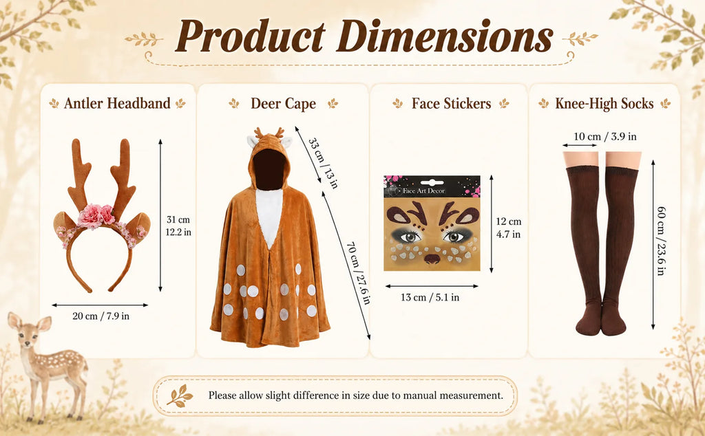 Labeled chart gives dimensions for the antler headband, deer cape, face stickers and brown socks.
