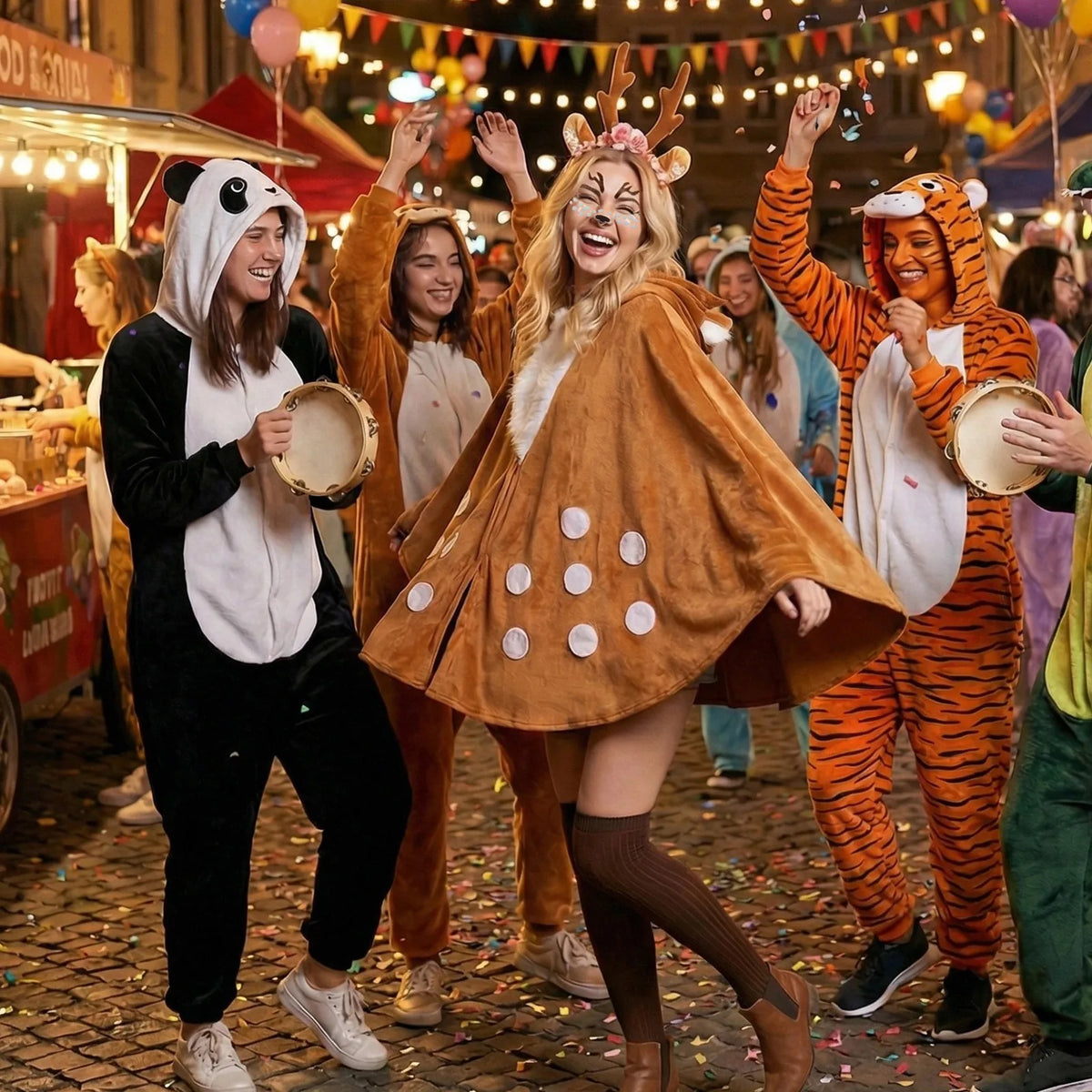 Woman wears the deer cape and floral headband among guests in animal costumes.