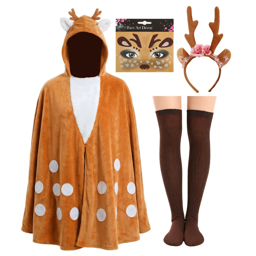 Brown hooded deer cape displayed with a floral antler headband, face sticker sheet and socks.
