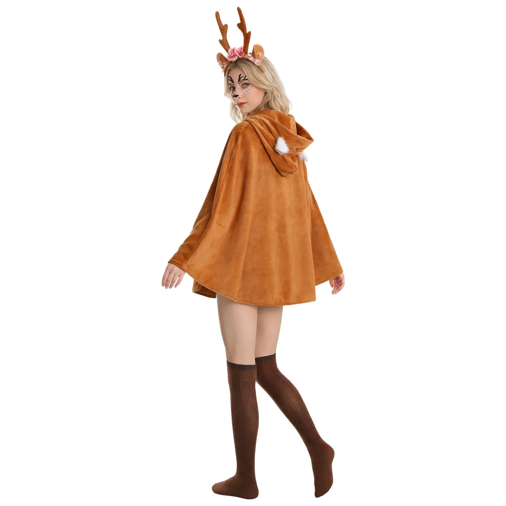 Rear view of the plain brown cape with lowered hood and floral antler headband.