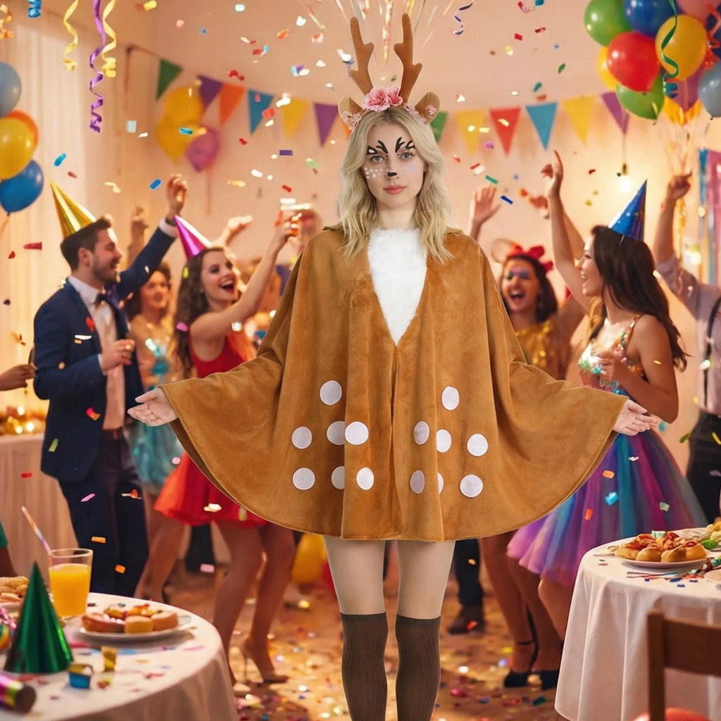 Woman displays the spotted deer cape and floral antler headband at an indoor party.