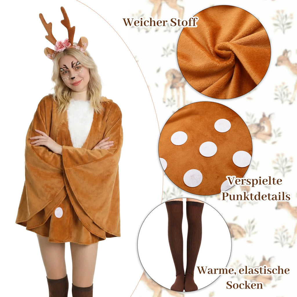 German labels highlight soft cape fabric, white spot details and warm elastic brown socks.