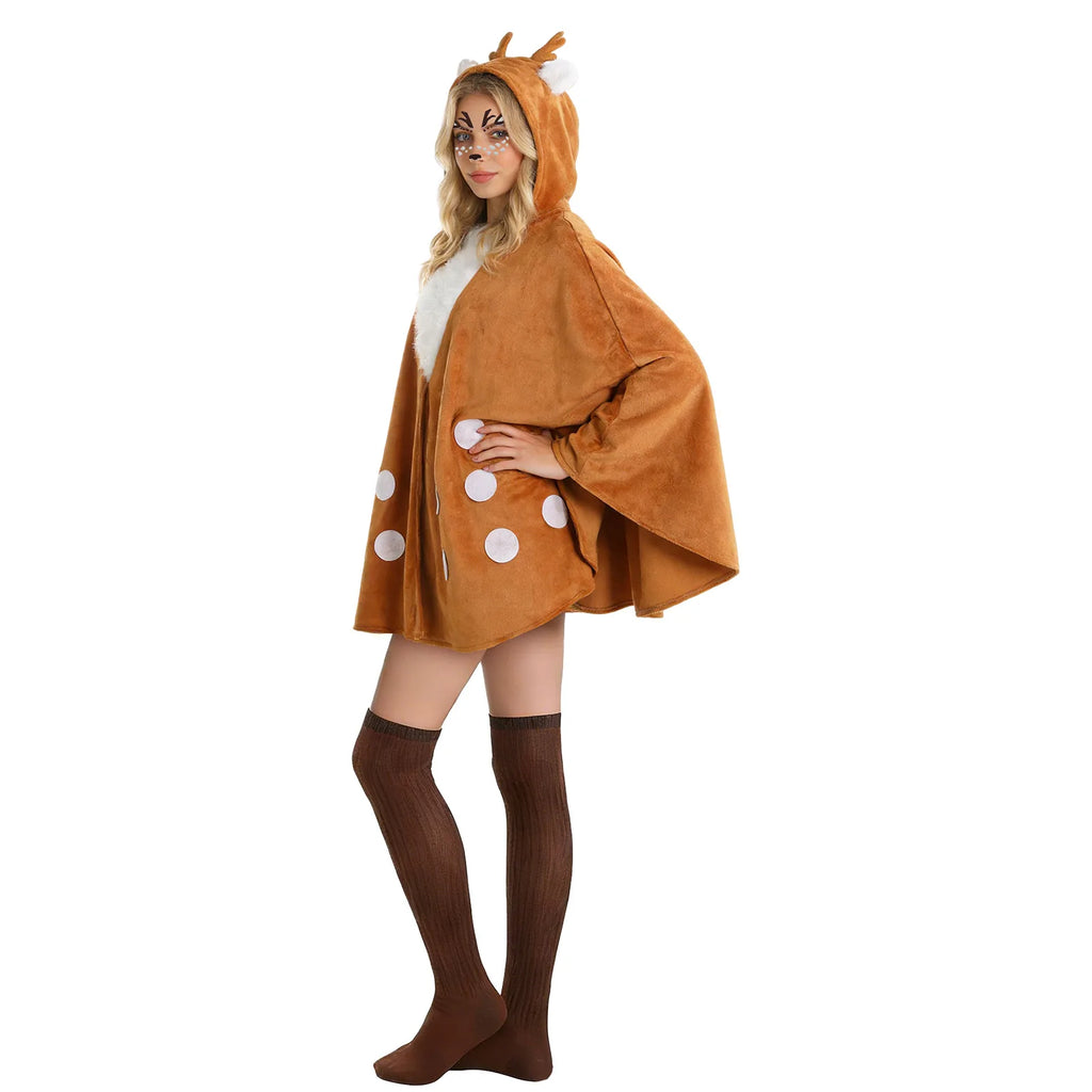 Woman wearing the deer cape with its antler hood raised and brown socks.