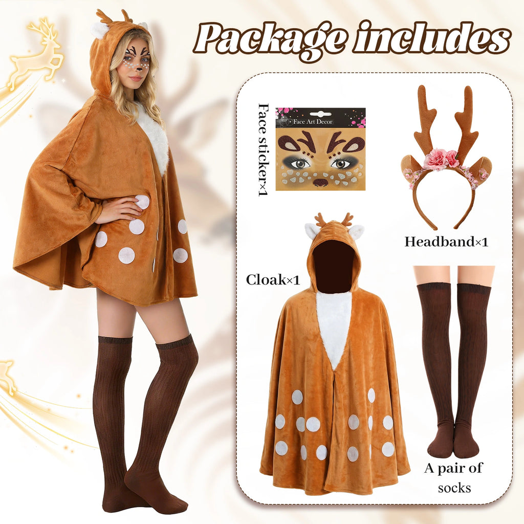 Hooded deer cape with the included floral antler headband, face stickers and pair of brown socks.