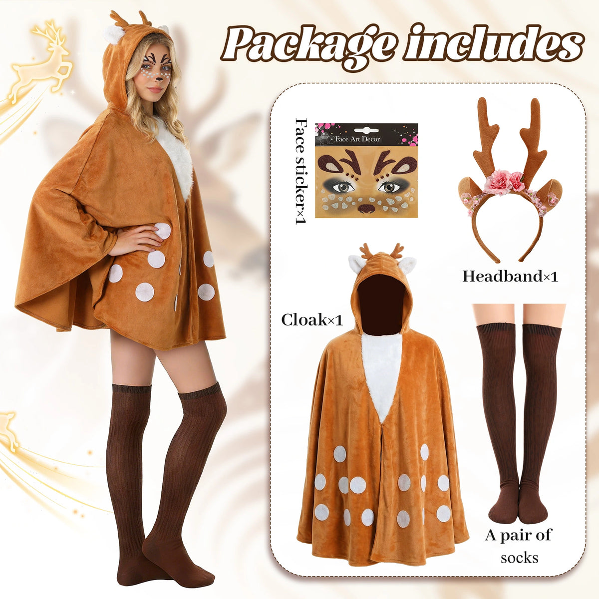 Hooded deer cape with the included floral antler headband, face stickers and pair of brown socks.