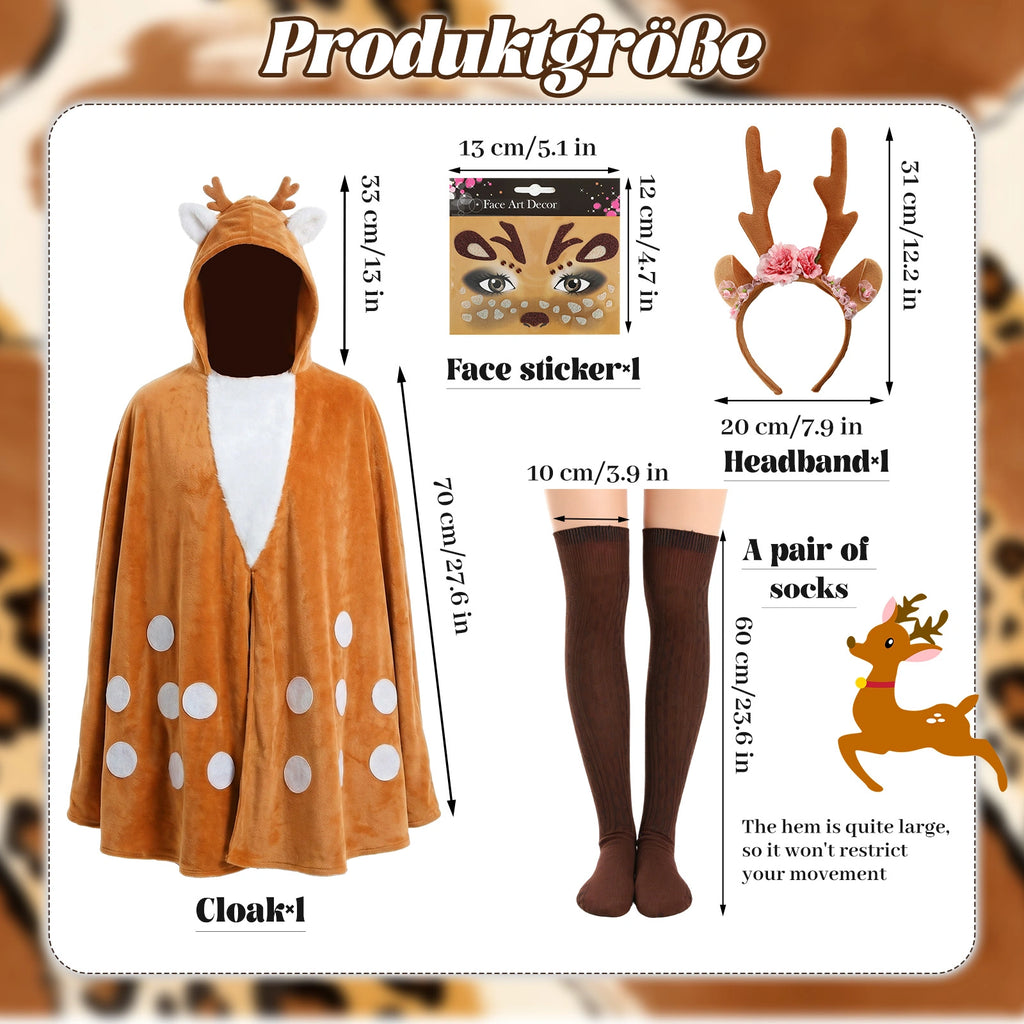 Measurements of the deer cape, floral antler headband, face sticker sheet and brown socks.