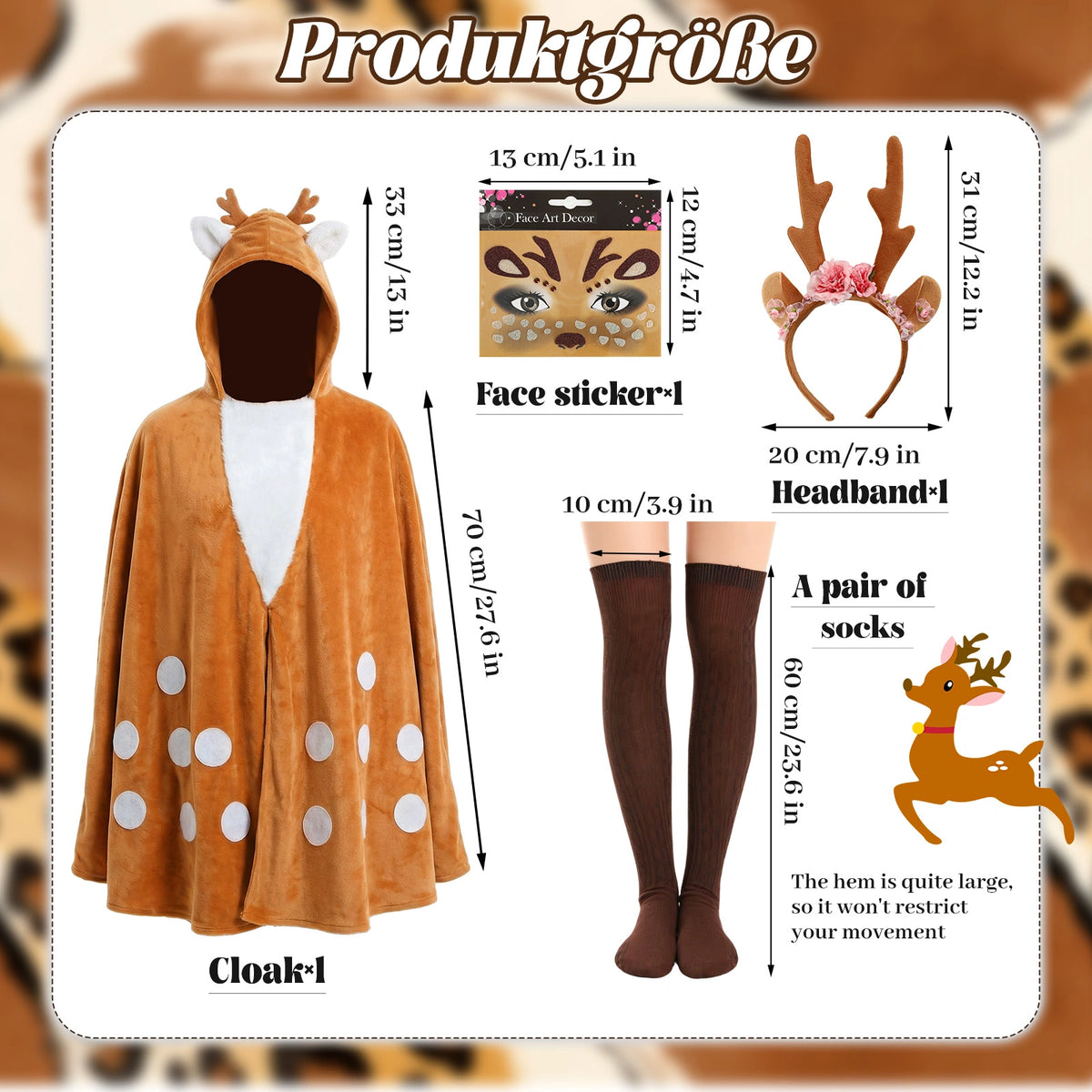 Measurements of the deer cape, floral antler headband, face sticker sheet and brown socks.