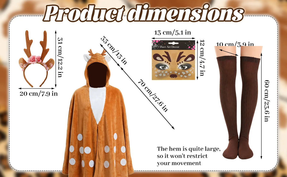 Measurement graphic shows cape, hood, headband, face sticker sheet and socks in centimeters and inches.