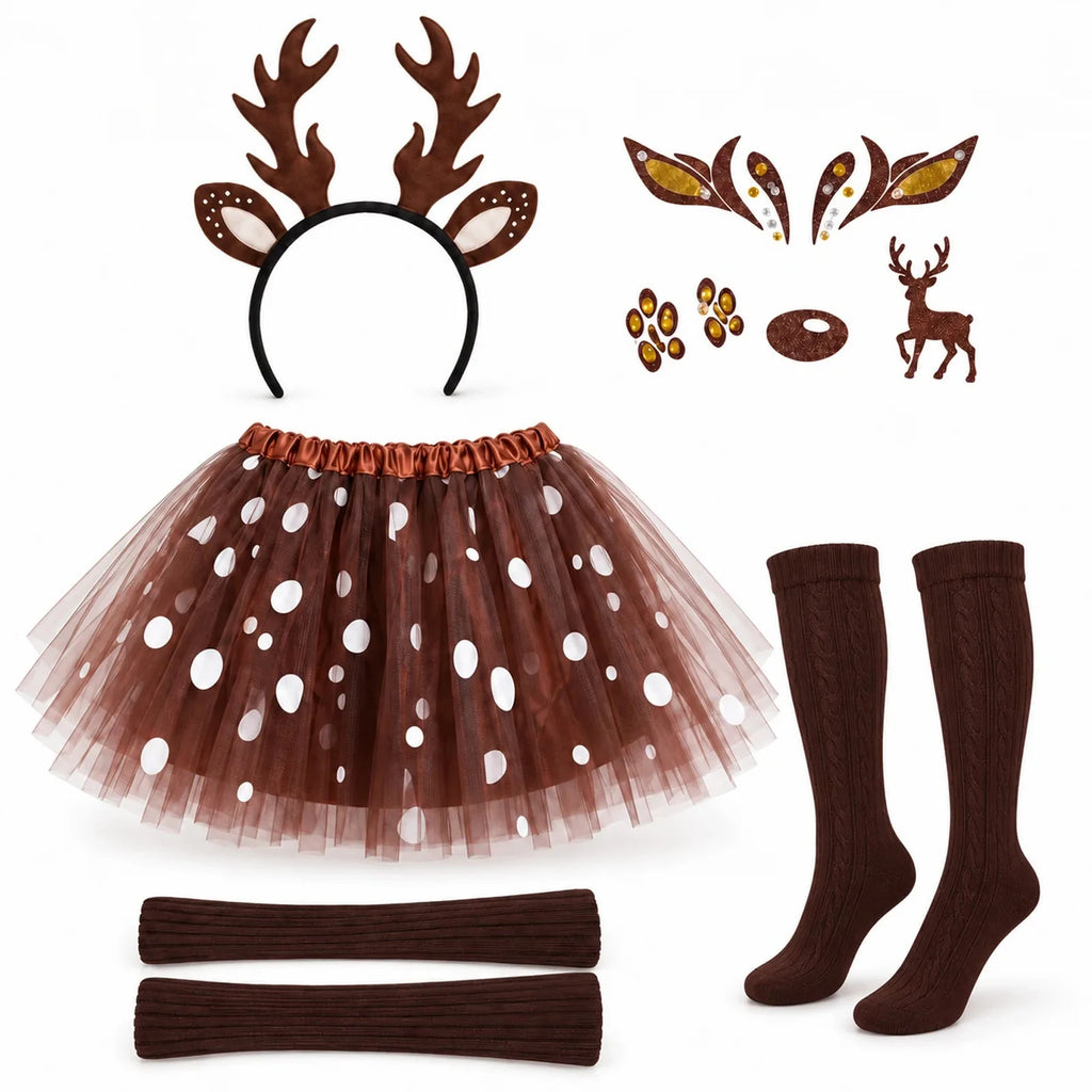 The deer costume accessories and spotted tutu are arranged separately, including the headband, face stickers, socks, and arm warmers.