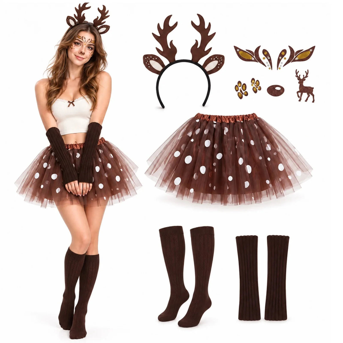 A model wears the brown deer costume beside its antler headband, spotted tutu, face stickers, socks, and arm warmers.