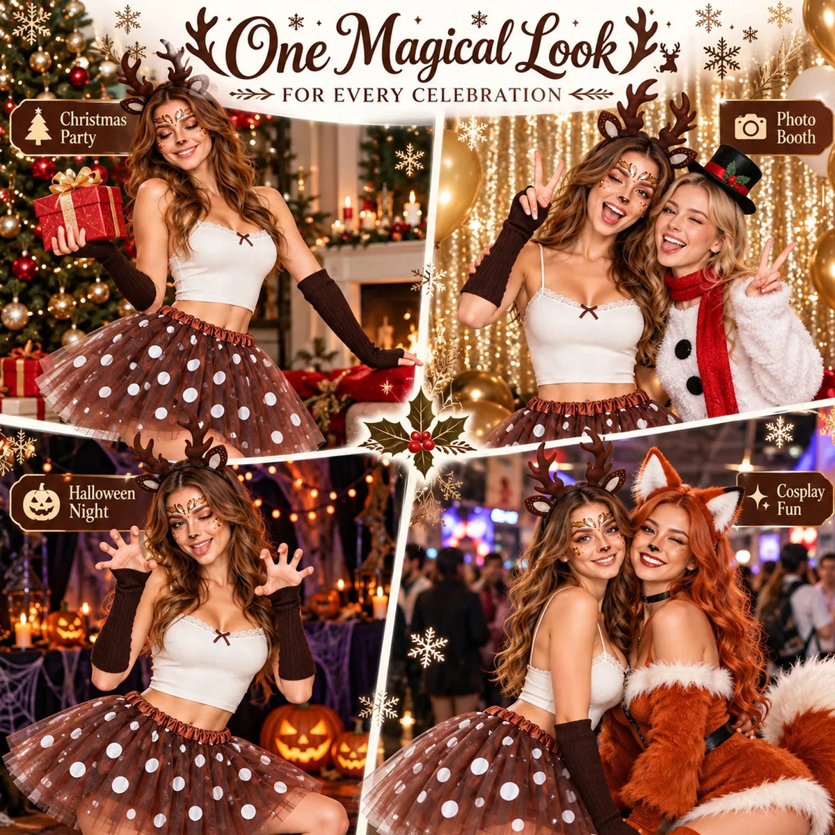 A deer costume collage shows the spotted tutu and matching accessories styled for Halloween, Christmas, and costume-party photos.