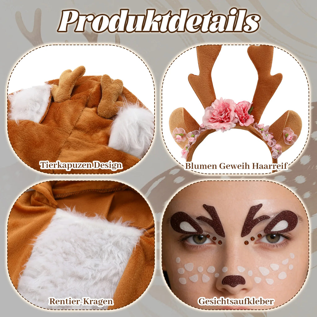 Four detail panels show the animal hood, floral antler headband, white chest panel and face stickers.