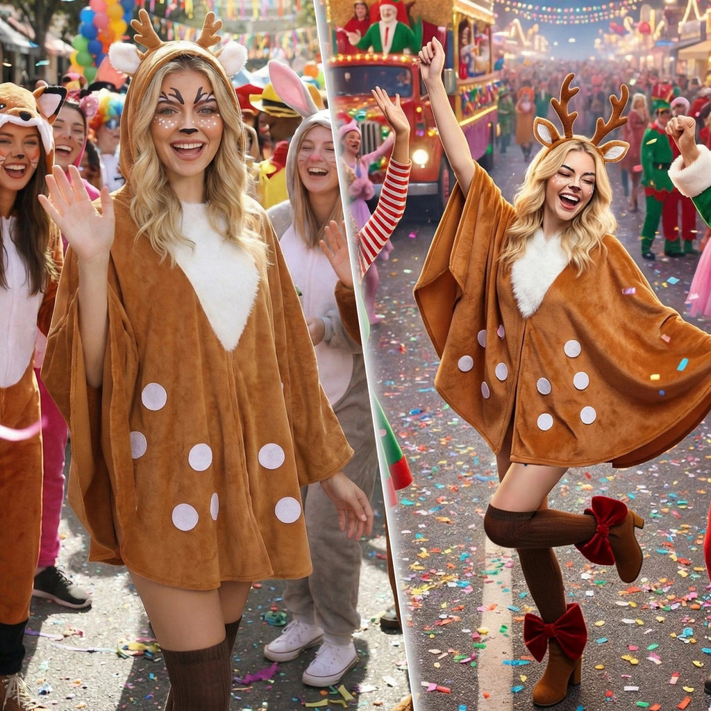 Deer costume scene styling shows a woman wearing a brown spotted cape.