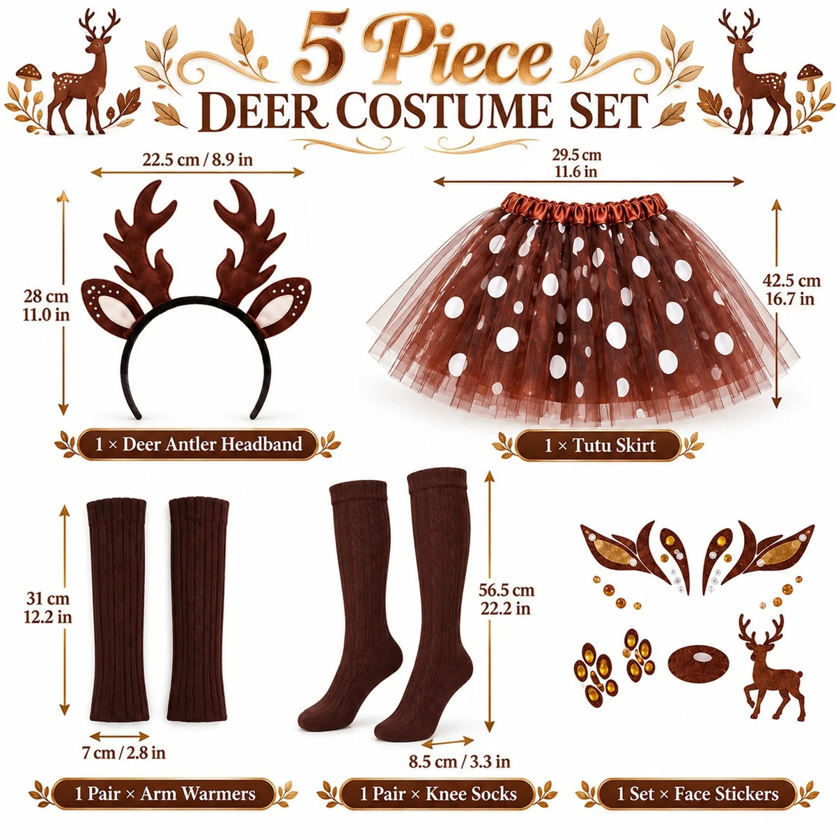The deer costume measurement chart labels the tutu, antler headband, socks, and arm warmers in inches and centimeters.