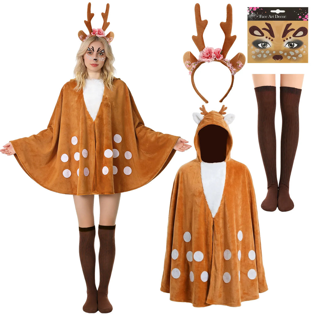 Woman wearing a spotted brown deer cape beside the matching headband, face stickers and socks.