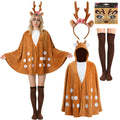 Woman wearing a spotted brown deer cape beside the matching headband, face stickers and socks.