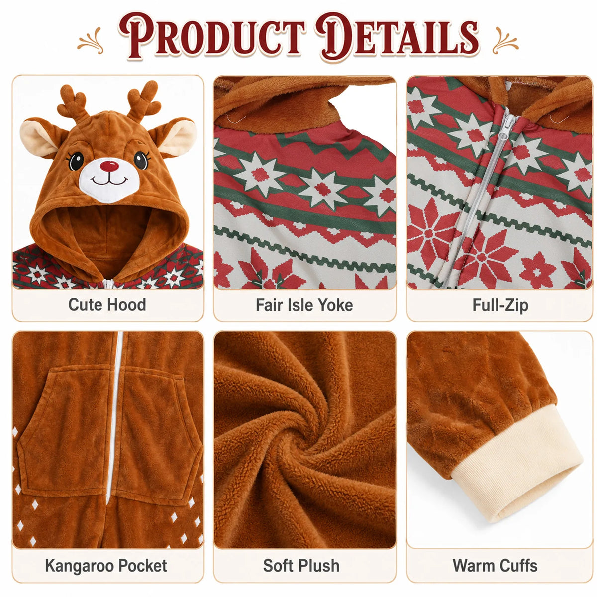 Close-up details of the deer onesie's Nordic-style print, hood and front zipper.