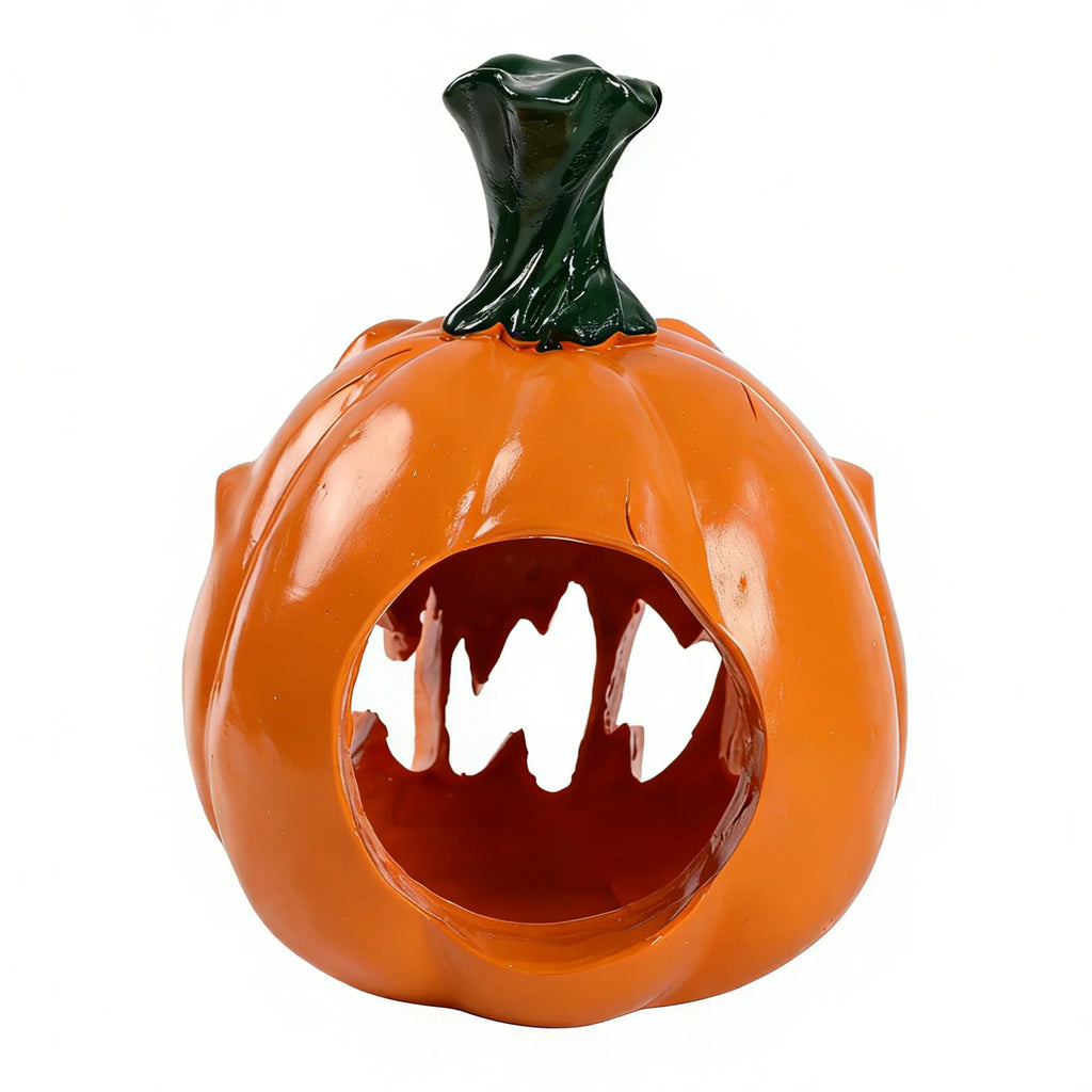 Demon jack-o-lantern figurine is shown from a three-quarter angle, highlighting the glossy orange finish, fanged face and open interior.