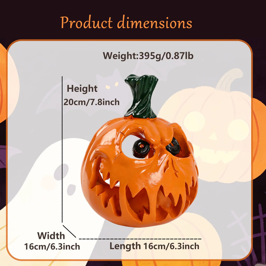A measurement chart presents demon pumpkin decoration dimensions and weight chart, including the visible size information for the orange demon pumpkin figurine.