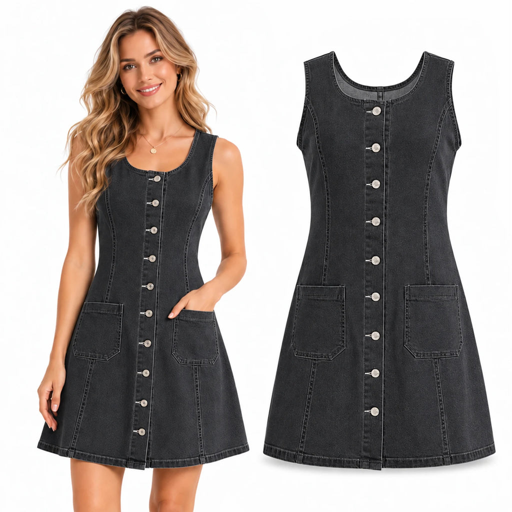 A modeled black-gray denim dress appears beside an isolated front view showing the button placket and patch pockets.