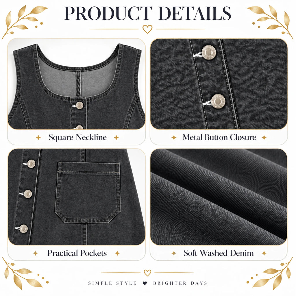 Black-gray denim dress detail panels label Square Neckline, Metal Button Closure, Practical Pockets and Soft Washed Denim.