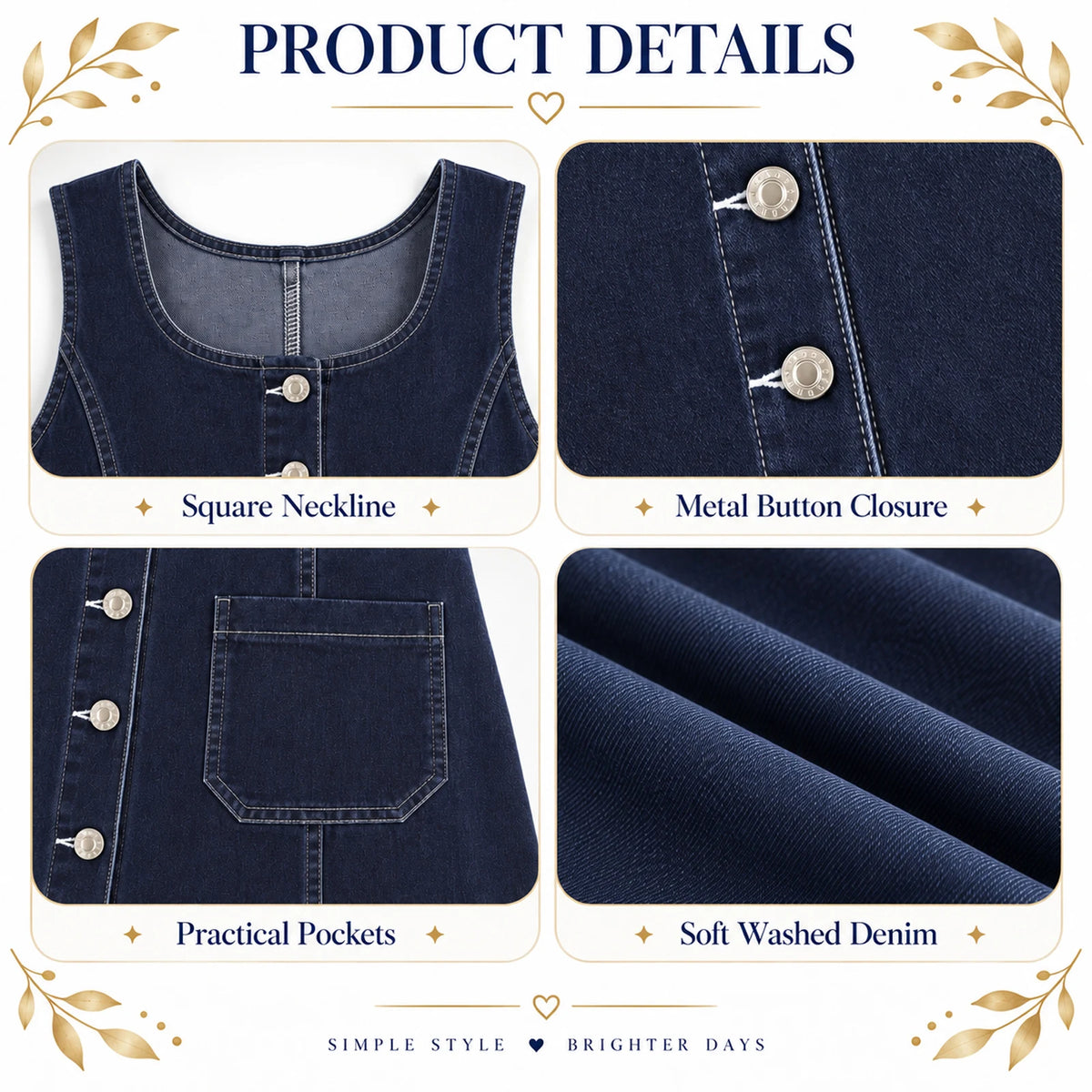 Dark-blue dress close-ups identify the Square Neckline, Metal Button Closure, Practical Pockets and Soft Washed Denim.