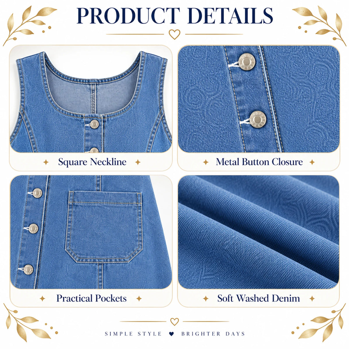 The light-blue dress feature graphic labels Square Neckline, Metal Button Closure, Practical Pockets and Soft Washed Denim.