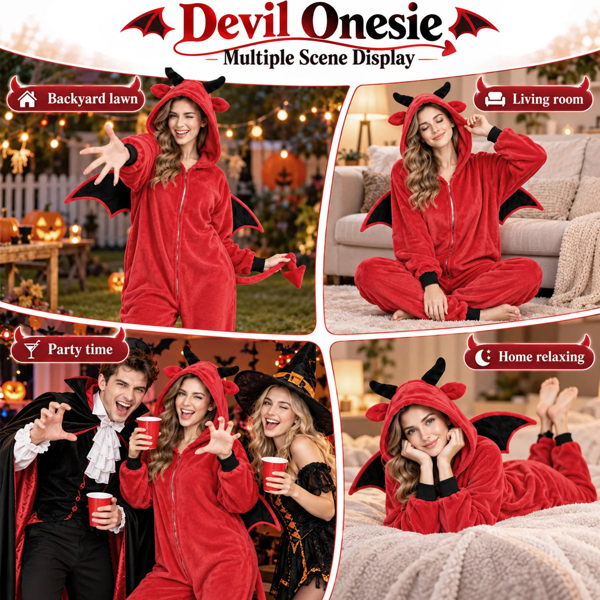 Four scenes show the red devil onesie at home, on a lawn, and at a costume party.