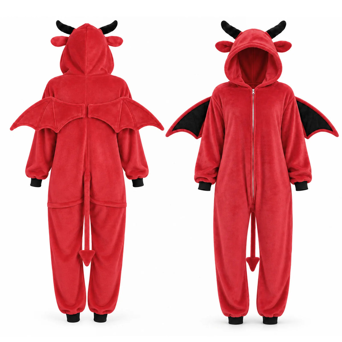 Front and back garment views show the red devil onesie with black cuffs, wings, and pointed tail.