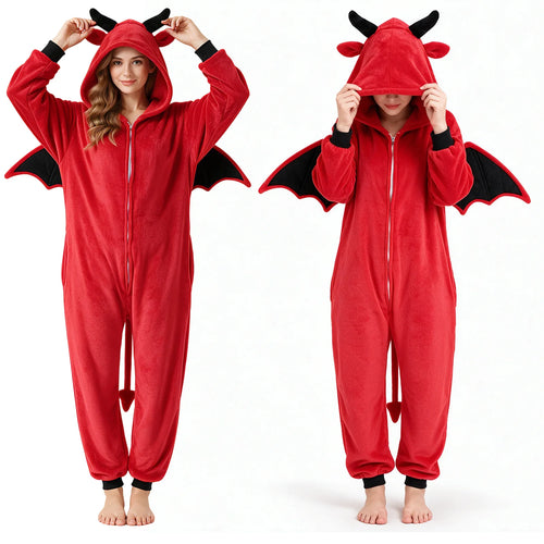 Two views of the red hooded onesie show black horns, red ears, and the front zipper.