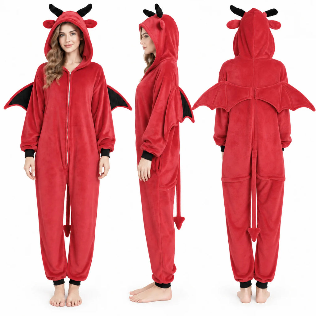 Front, side, and back model views show the long-sleeve red onesie and its winged silhouette.