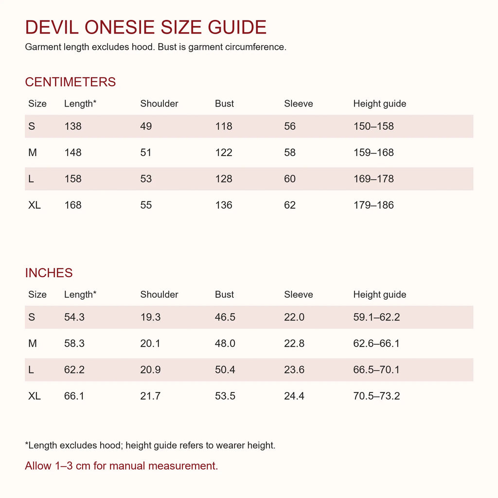 Devil onesie size chart lists S through XL garment measurements and recommended heights in centimeters and inches.
