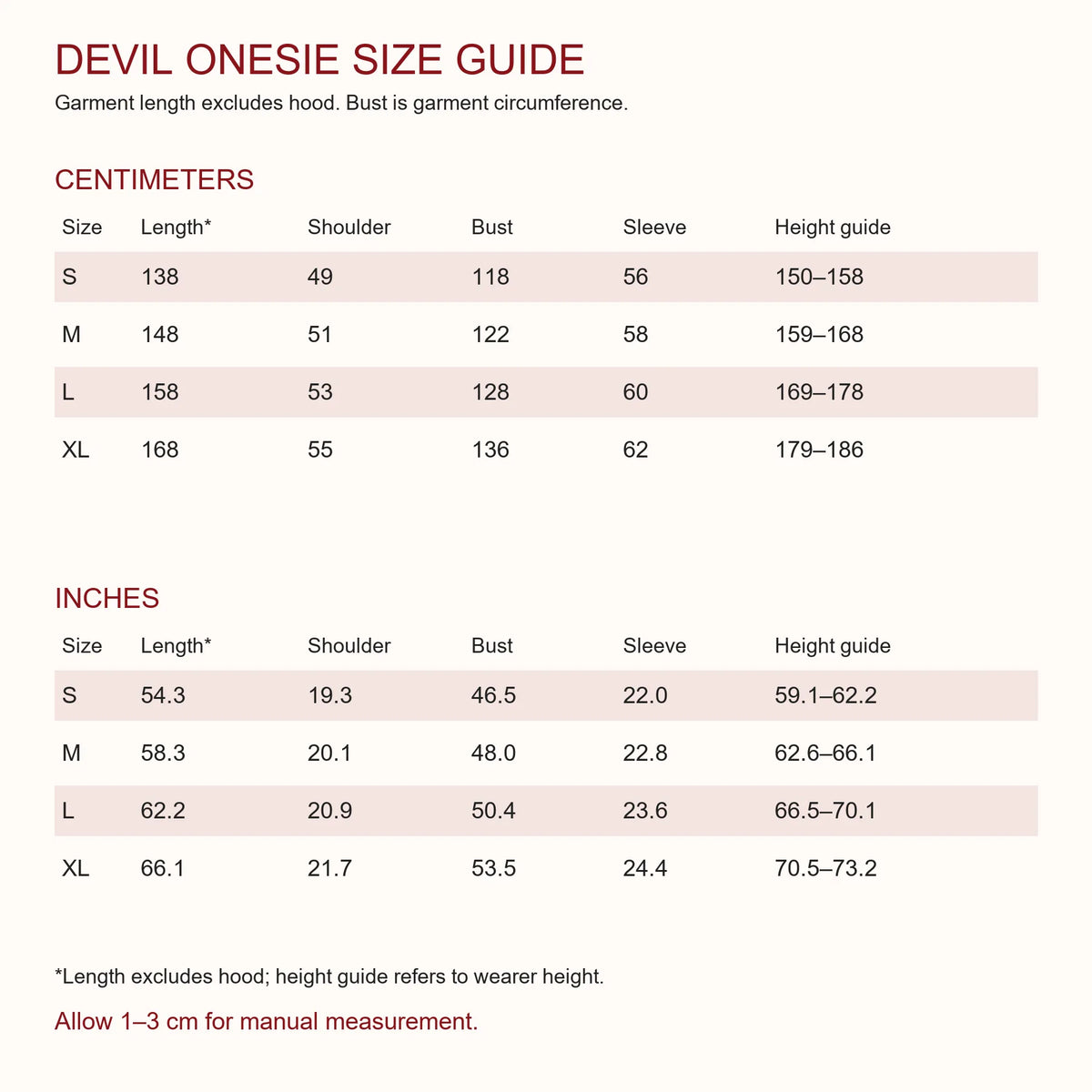 Devil onesie size chart lists S through XL garment measurements and recommended heights in centimeters and inches.