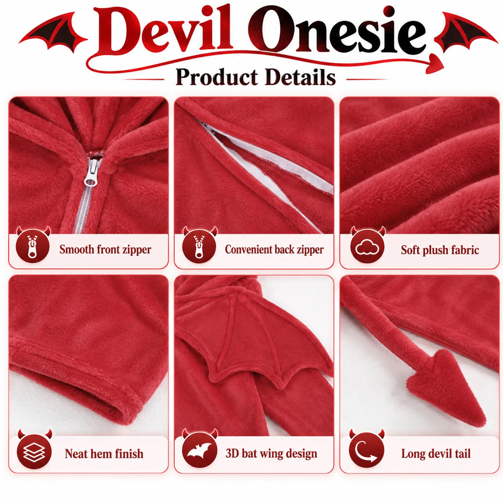 Close-up panels show the front zipper, back zipper, plush fabric, hem, bat wing, and pointed tail.