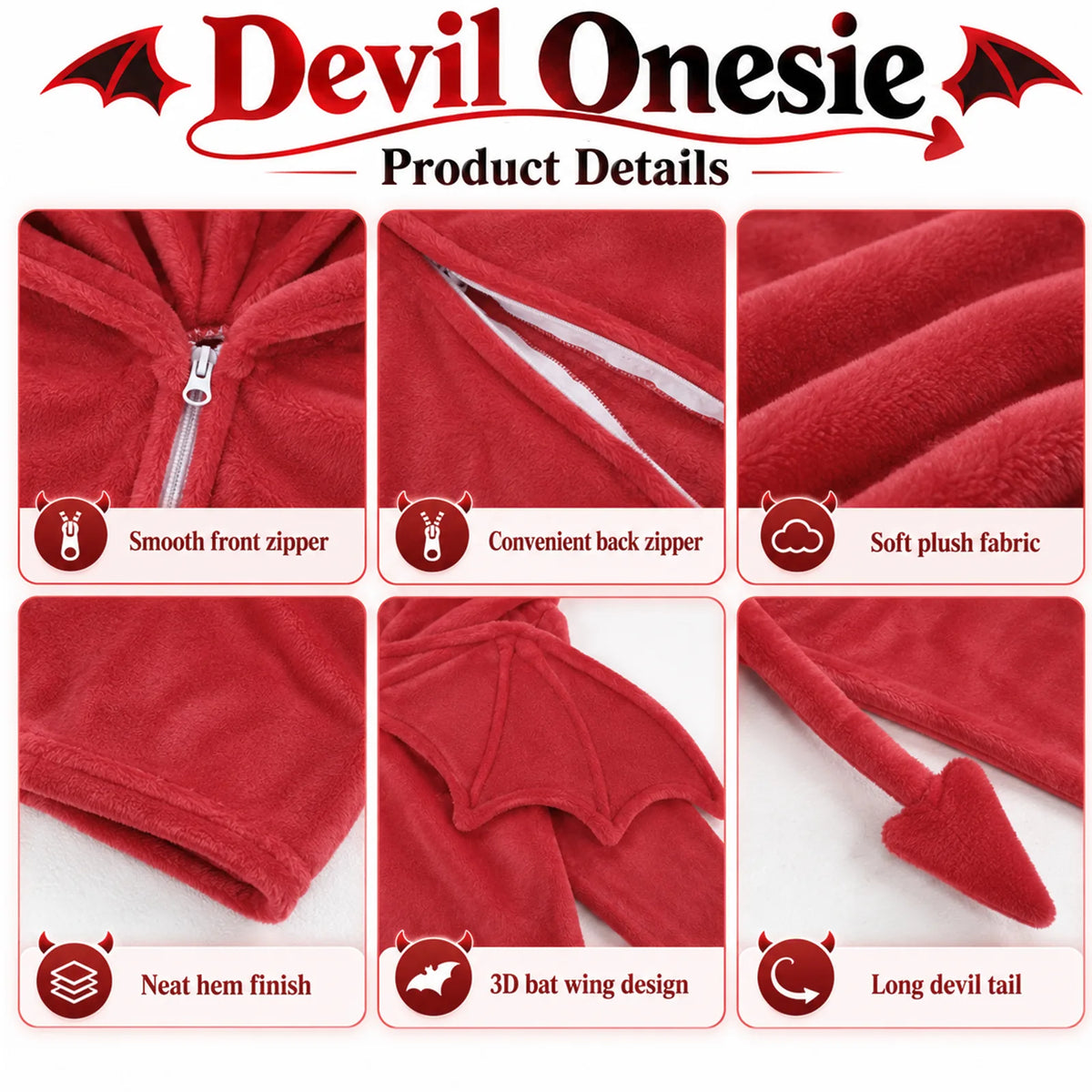 Close-up panels show the front zipper, back zipper, plush fabric, hem, bat wing, and pointed tail.