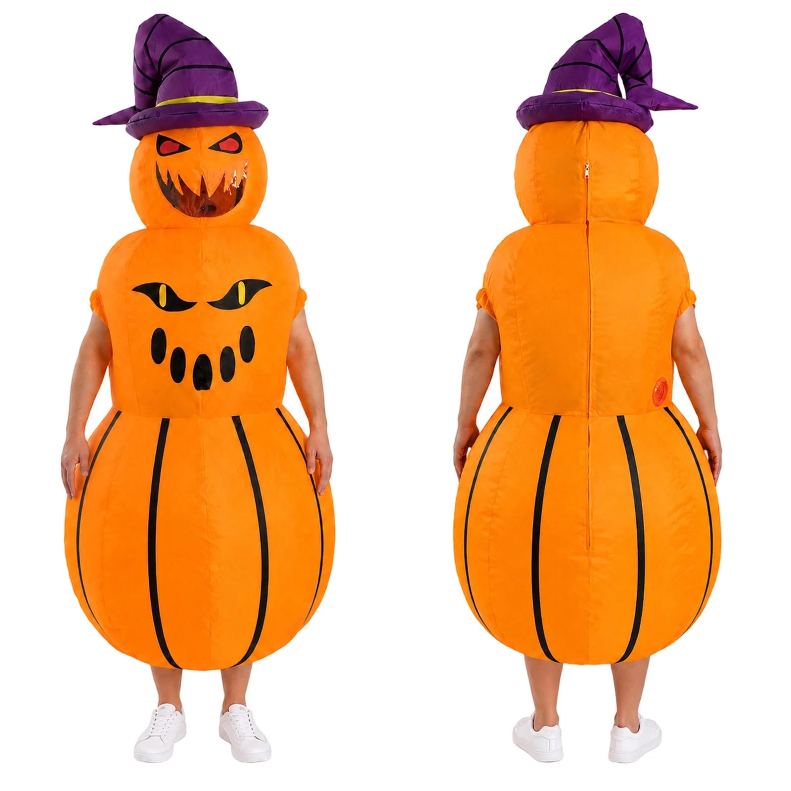 Front and back views show the printed pumpkin faces and rear zipper area