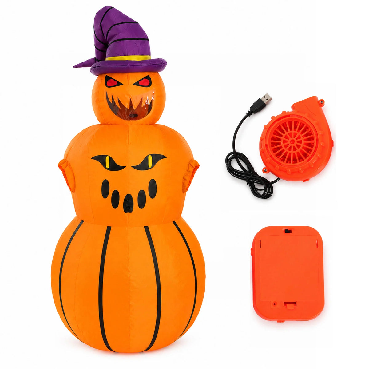 Devil pumpkin inflatable costume displayed with its external fan and battery box