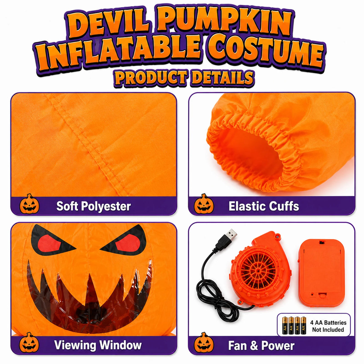 Close views highlight the orange fabric, elastic cuffs, viewing window and power parts