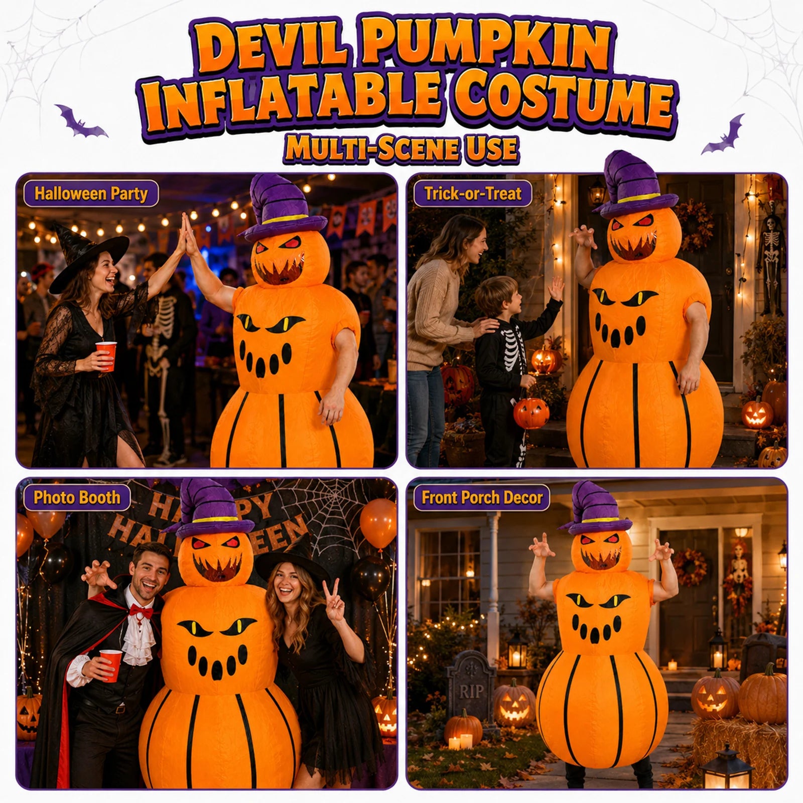 Devil pumpkin inflatable costume appears at Halloween parties and decorated photo settings