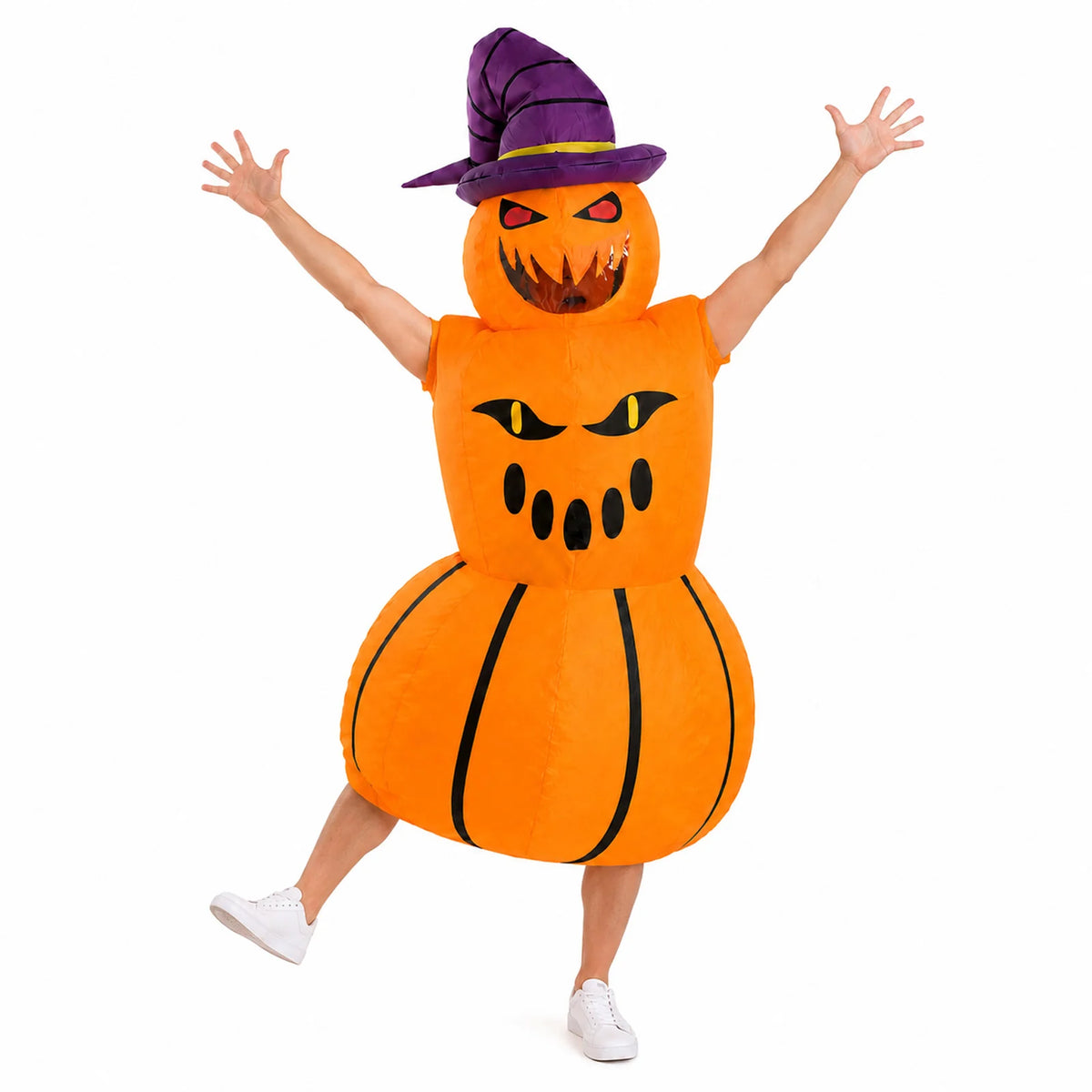 Adult jumps while wearing the devil pumpkin inflatable costume and purple hat