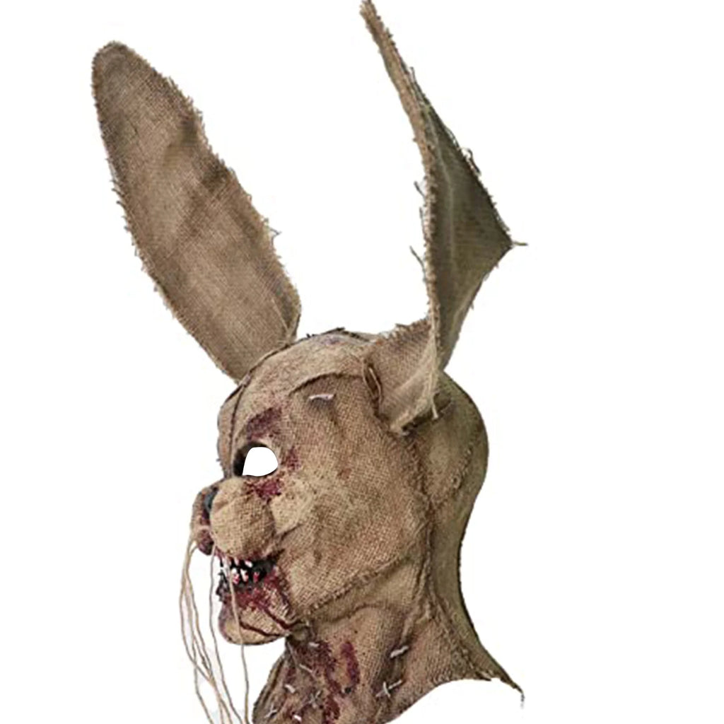 Distressed burlap bunny mask is shown from a three-quarter angle, highlighting the long ears, distressed burlap, stitched face and exposed teeth.