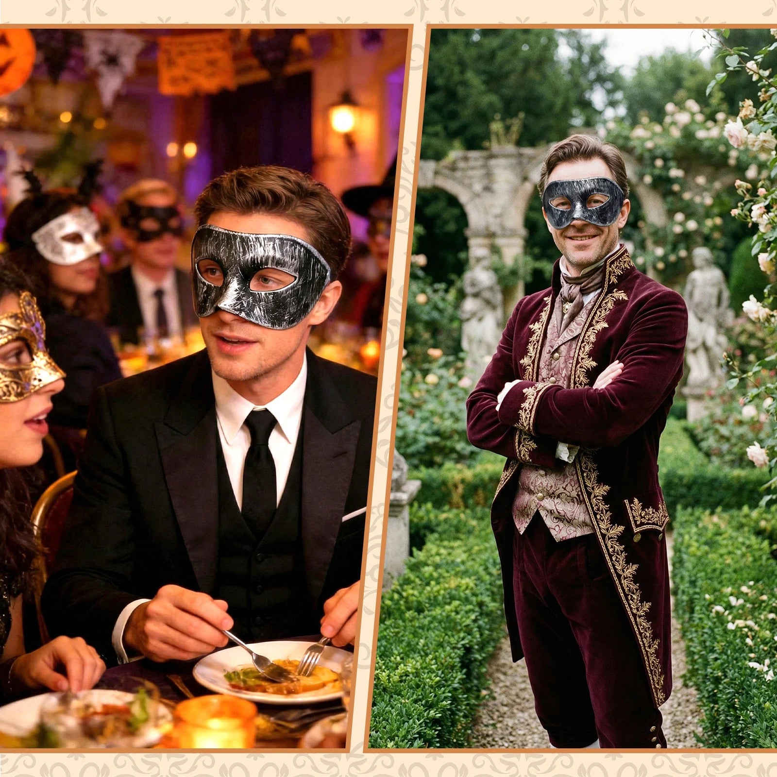 A two-scene collage shows the distressed silver-black masquerade eye mask worn at indoor and outdoor costume events.